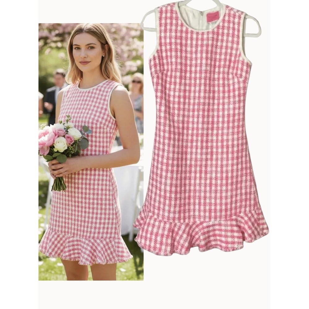Kate Spade Dress 2 Pink Gingham Tweed Ruffle Mini Preppy Coquette Short Dress